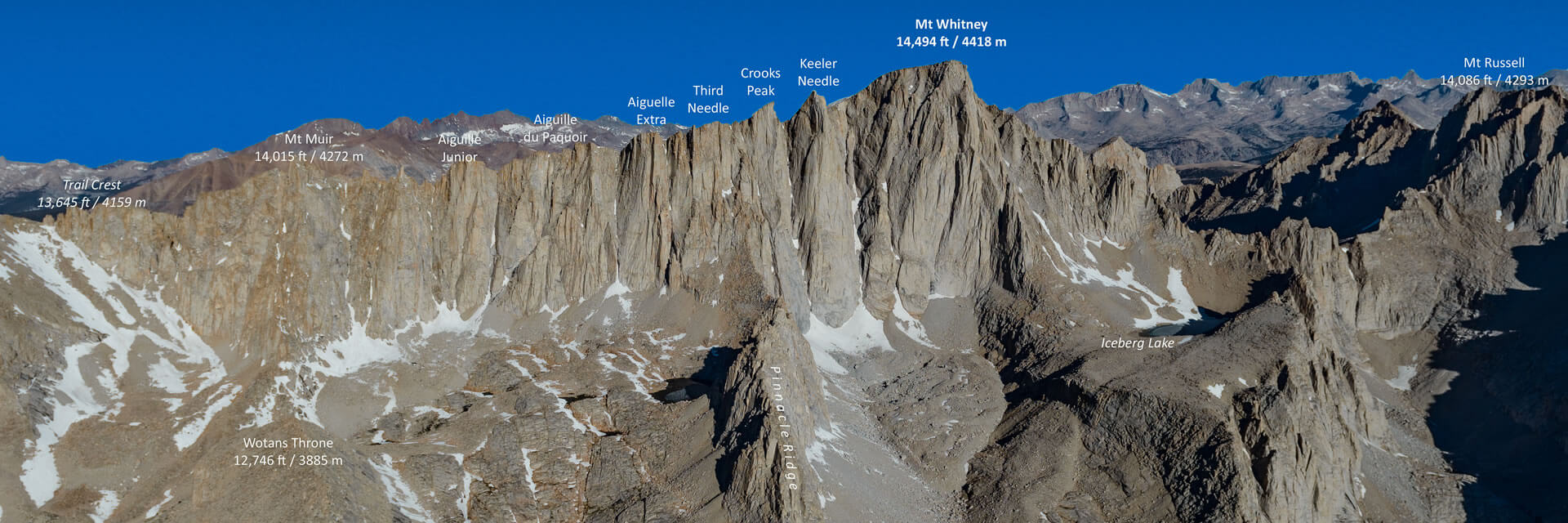 Mt. Whitney and nearby peaks with names and elevations